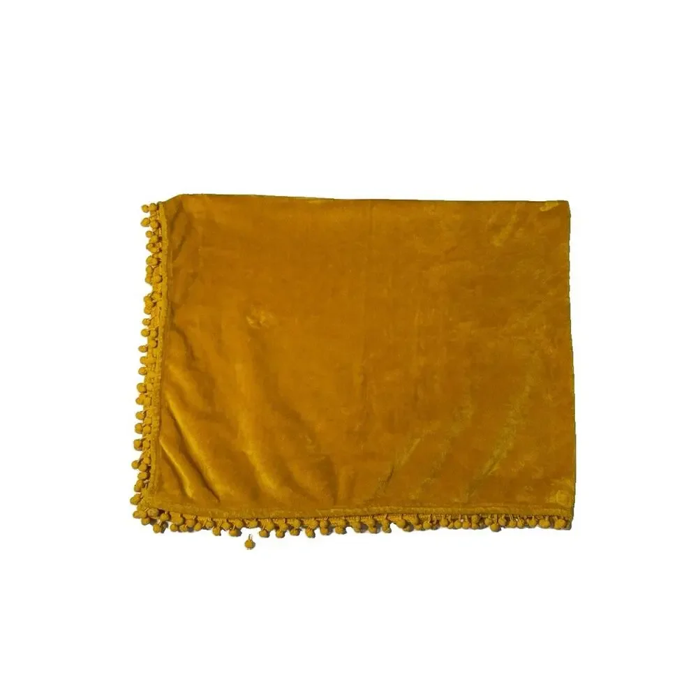 Soft Fleece Throw Blanket Yellow Pom Pom Fringe Trim Solid Accent Quilt Couch